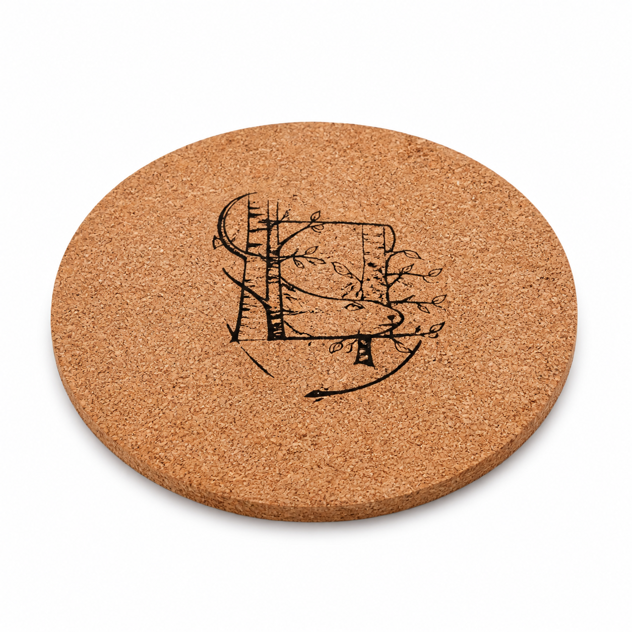 Coaster-1 round natural cork coaster with engraved line artwork