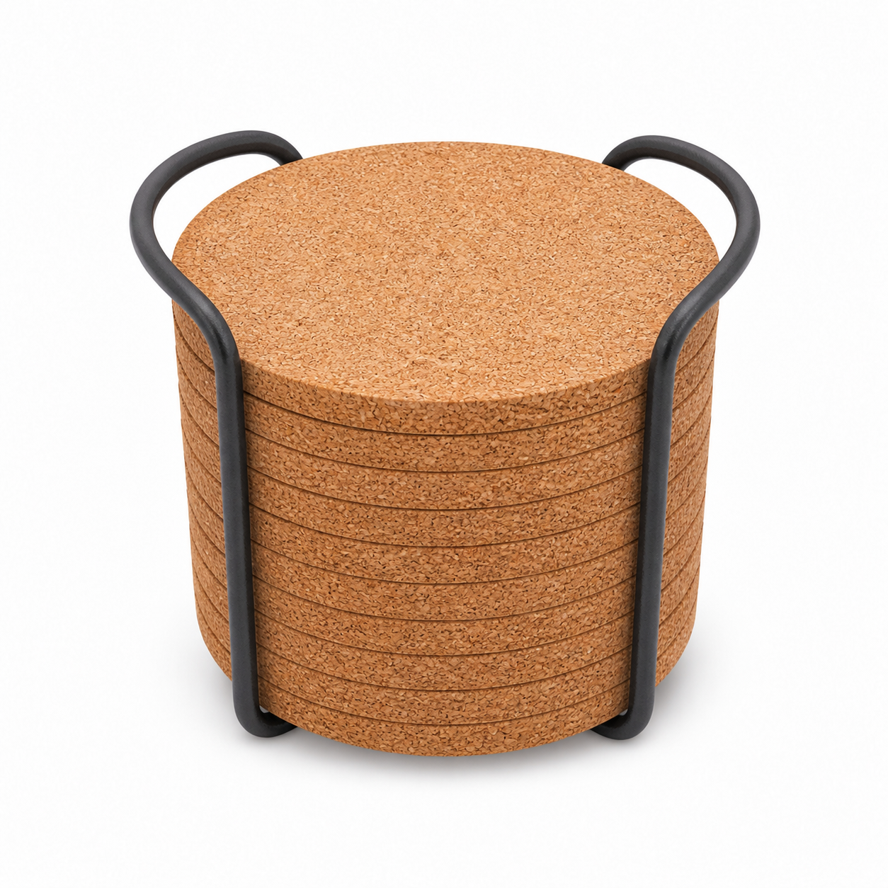 Coaster-10 round natural cork coaster set in a dark metal holder