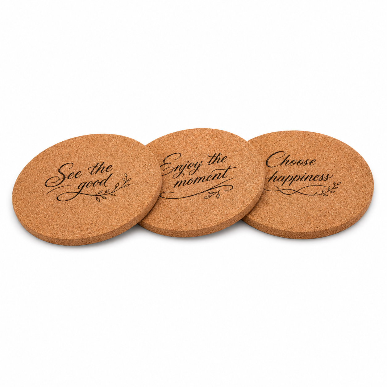 Coaster-6 set of round natural cork coasters with decorative messages