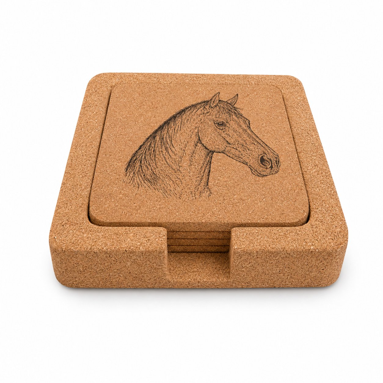 Coaster-9 square natural cork coaster set with horse artwork