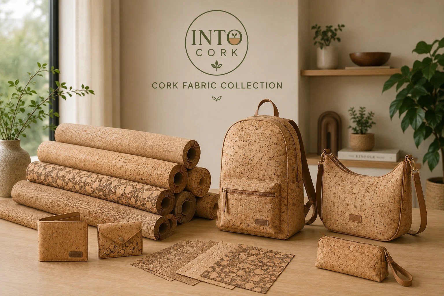 Into Cork fabric collection with cork rolls, bags, accessories and material swatches
