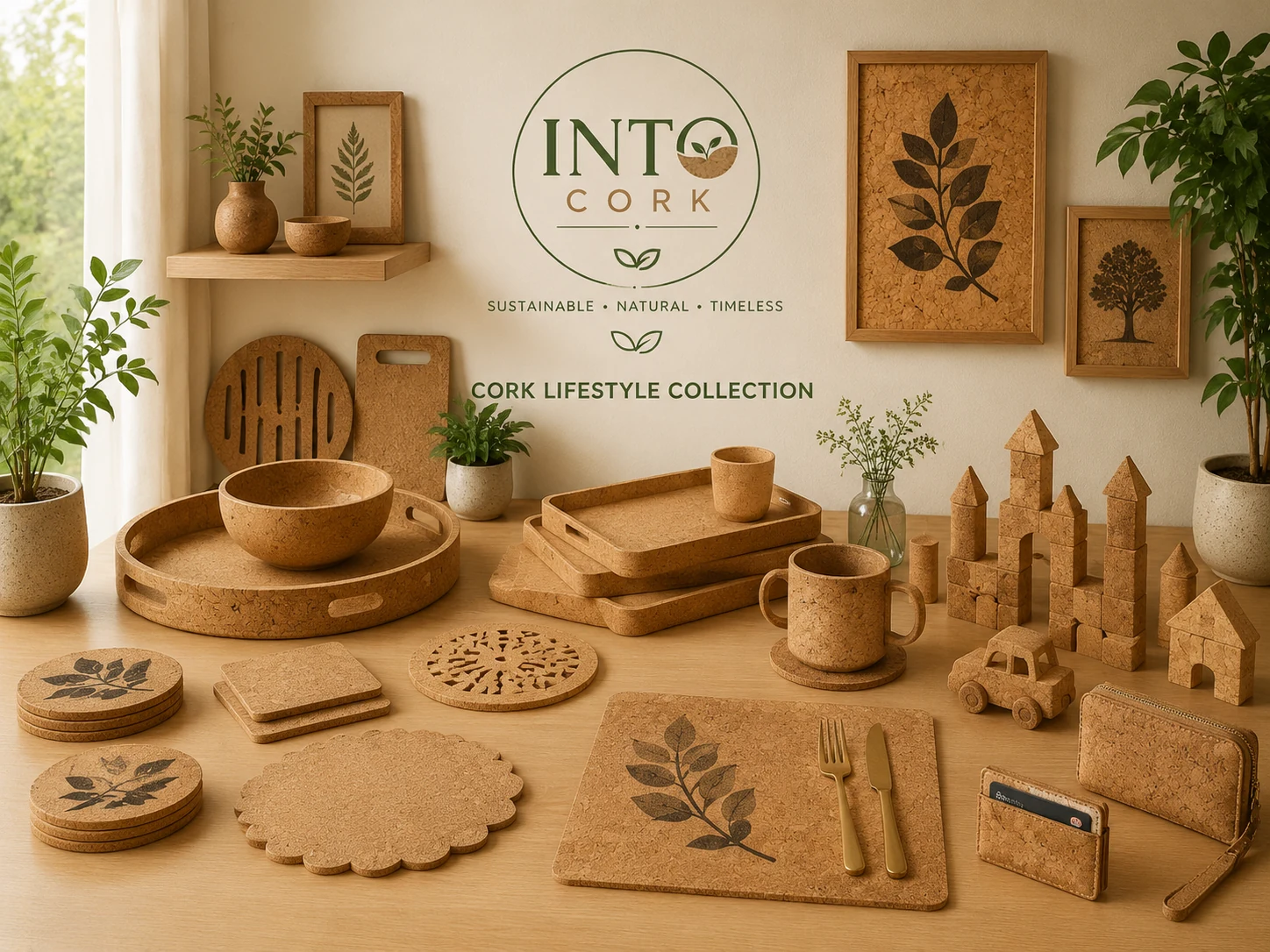 Into Cork lifestyle collection featuring cork tableware, trays, coasters, décor, toys and accessories