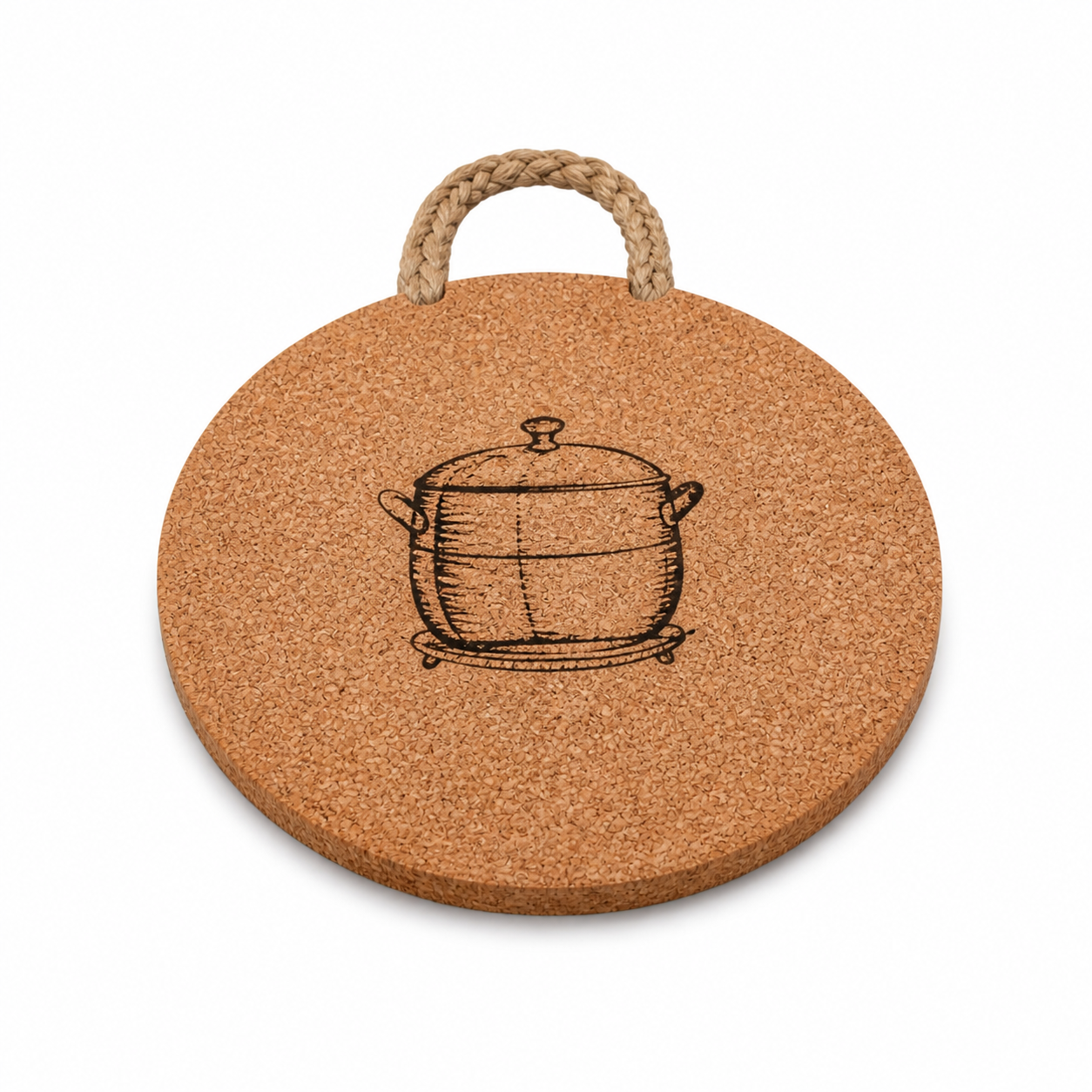 Pot Holder-1 round cork pot holder with rope loop
