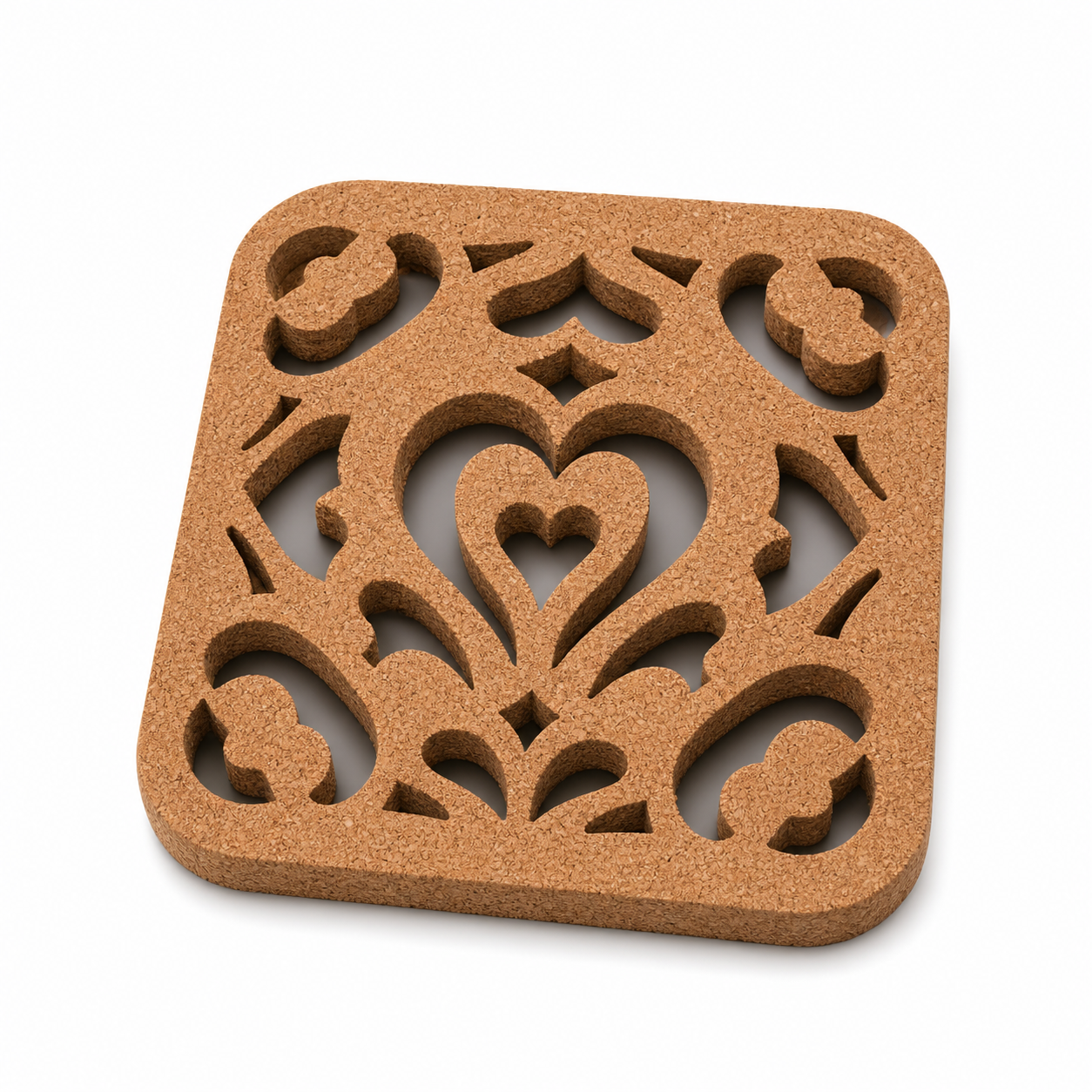 Pot Holder-10 square cork pot holder with heart cutout pattern