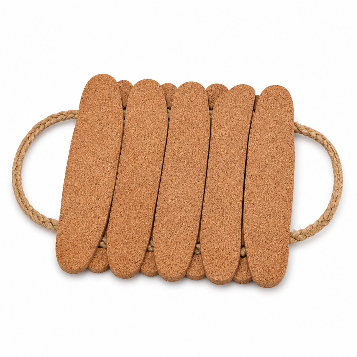 Pot Holder-3 slatted cork pot holder with rope handles