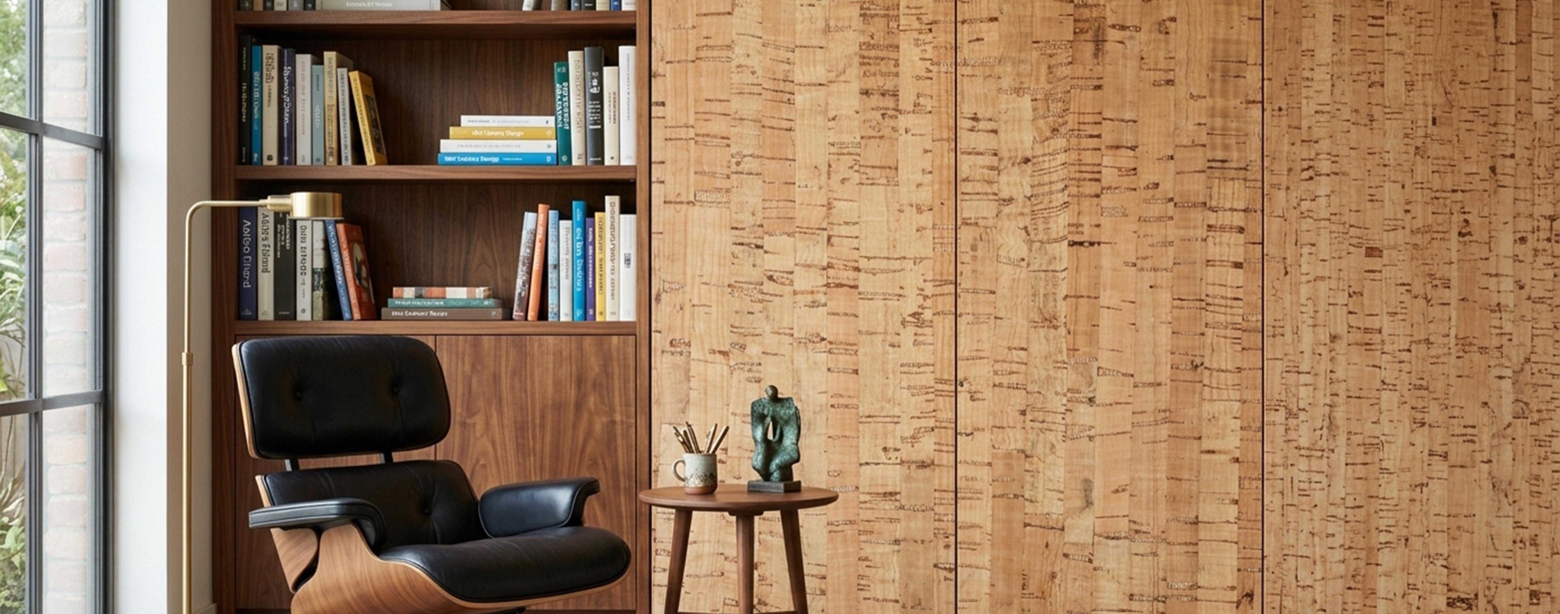 ZR113-S01 flat cork wall panel installed in a warm contemporary study