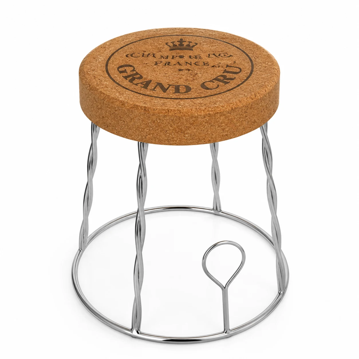 Cork Side Table model IT-HF-01 with a round printed cork top and sculptural metal base