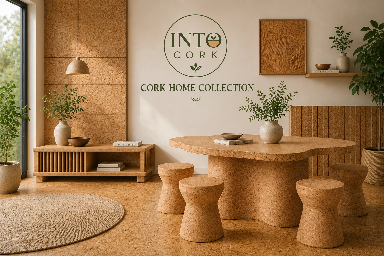 Into Cork home collection featuring cork wall panels, furniture and interior surfaces