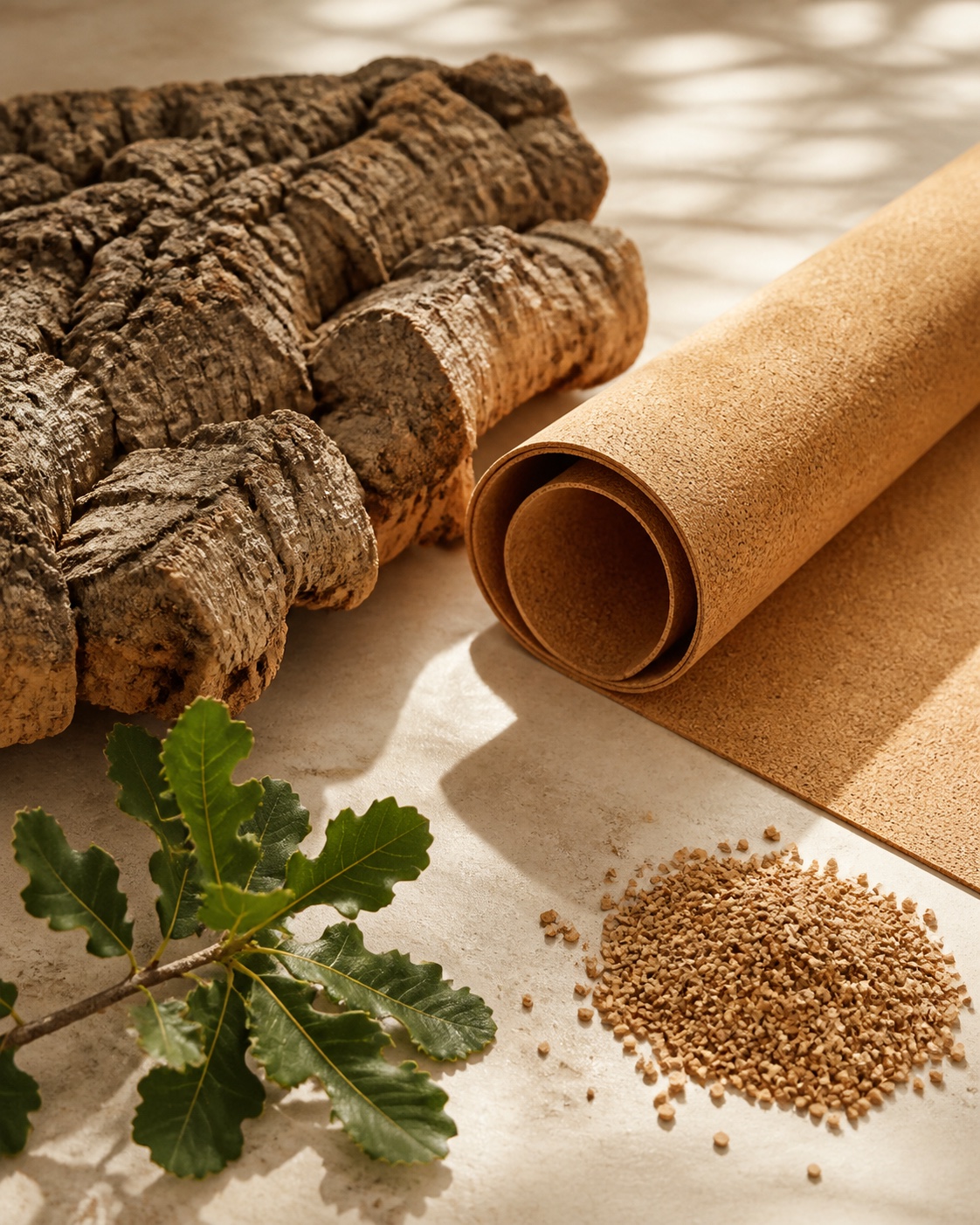 Natural cork bark, a flexible cork sheet and cork granules beside cork oak leaves