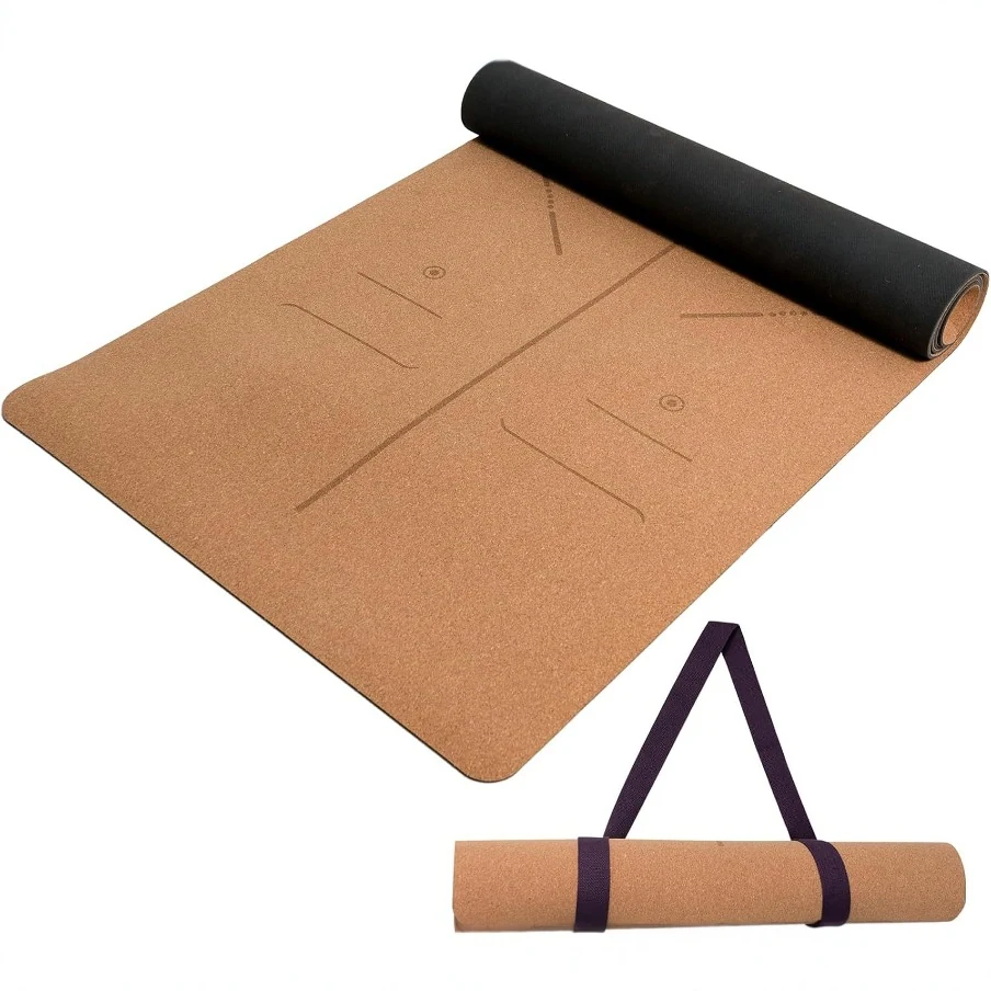 Natural cork yoga mat with alignment markings, TPE backing and carrying strap