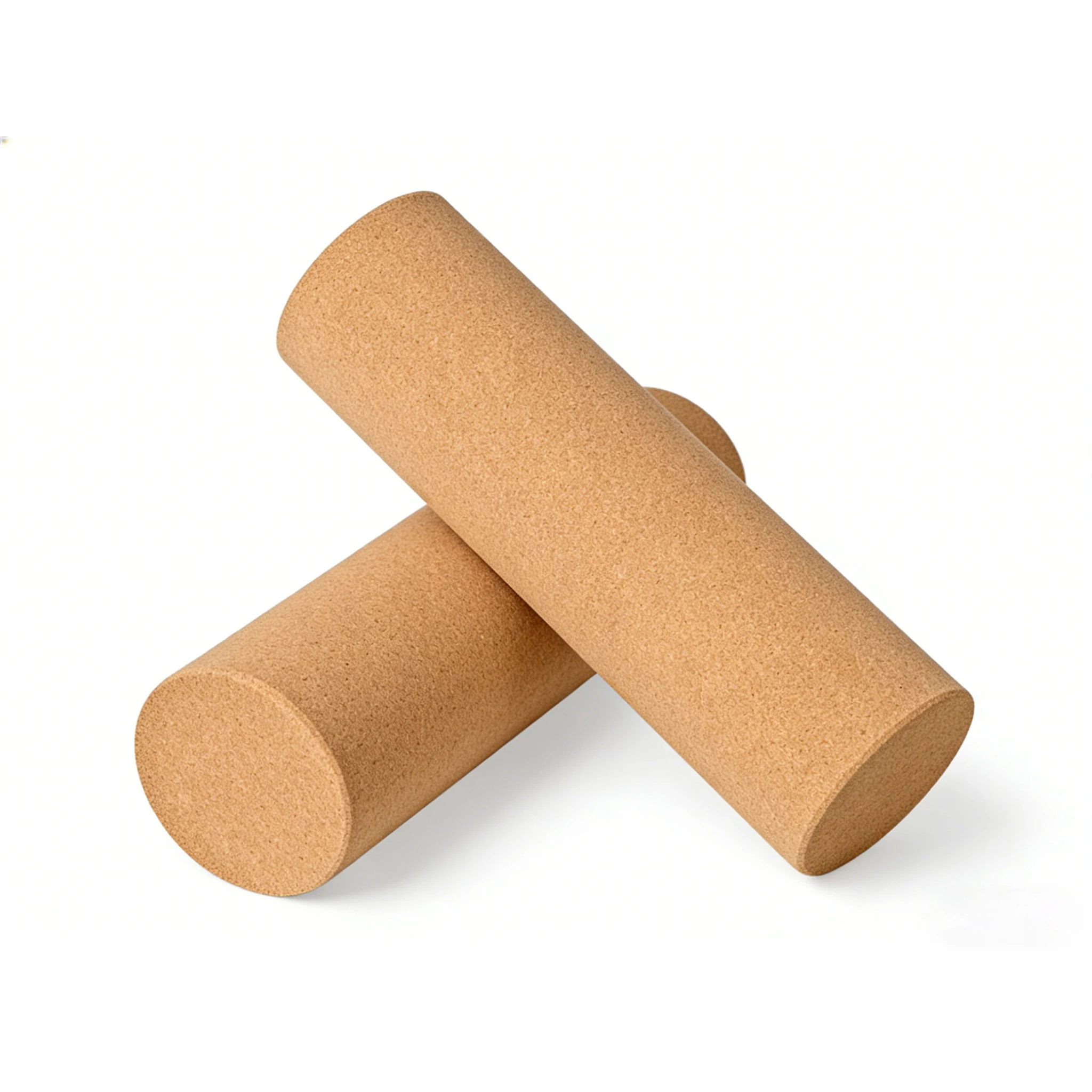 Two natural cork yoga rollers arranged on a white background