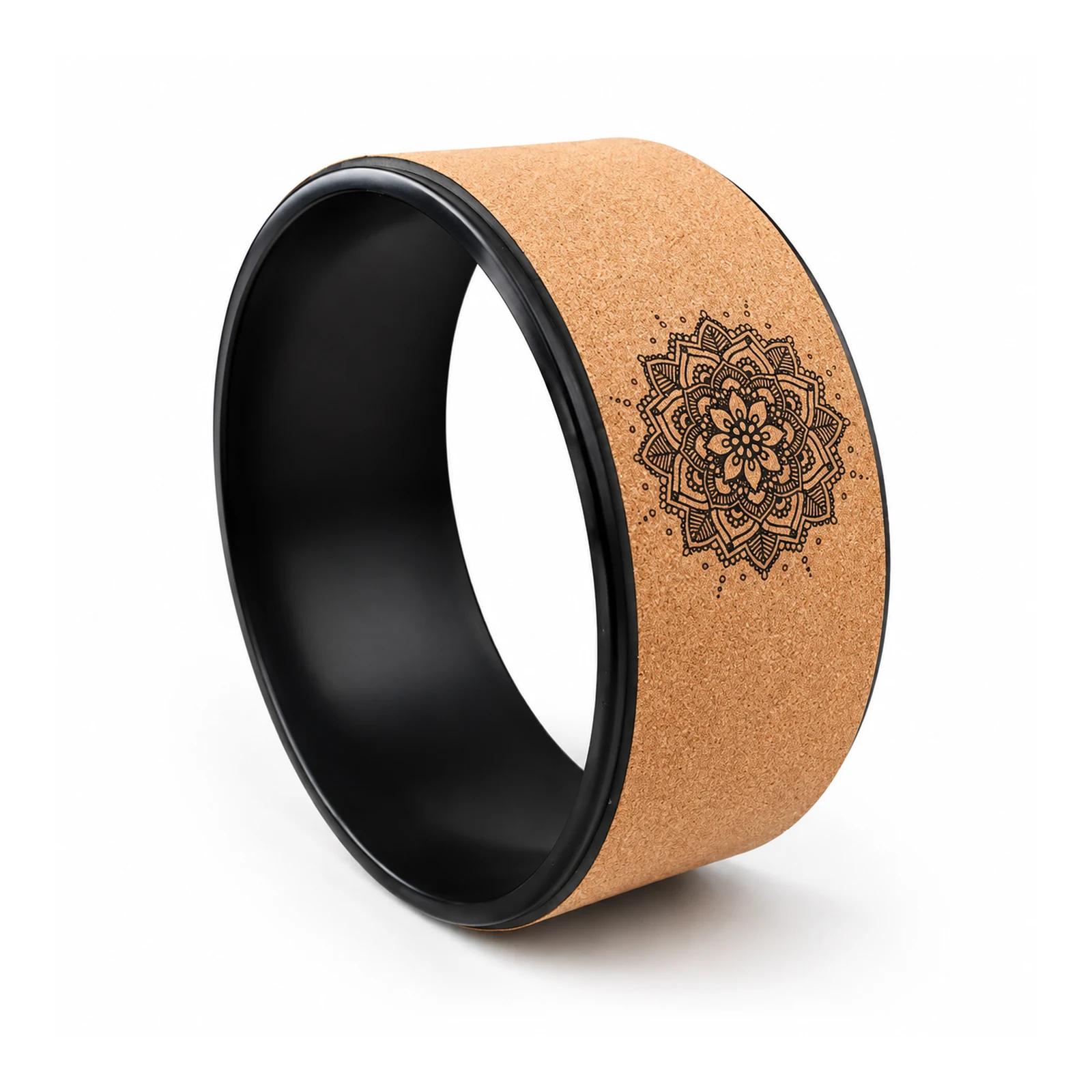 Natural cork yoga wheel with a black ABS inner structure and mandala pattern